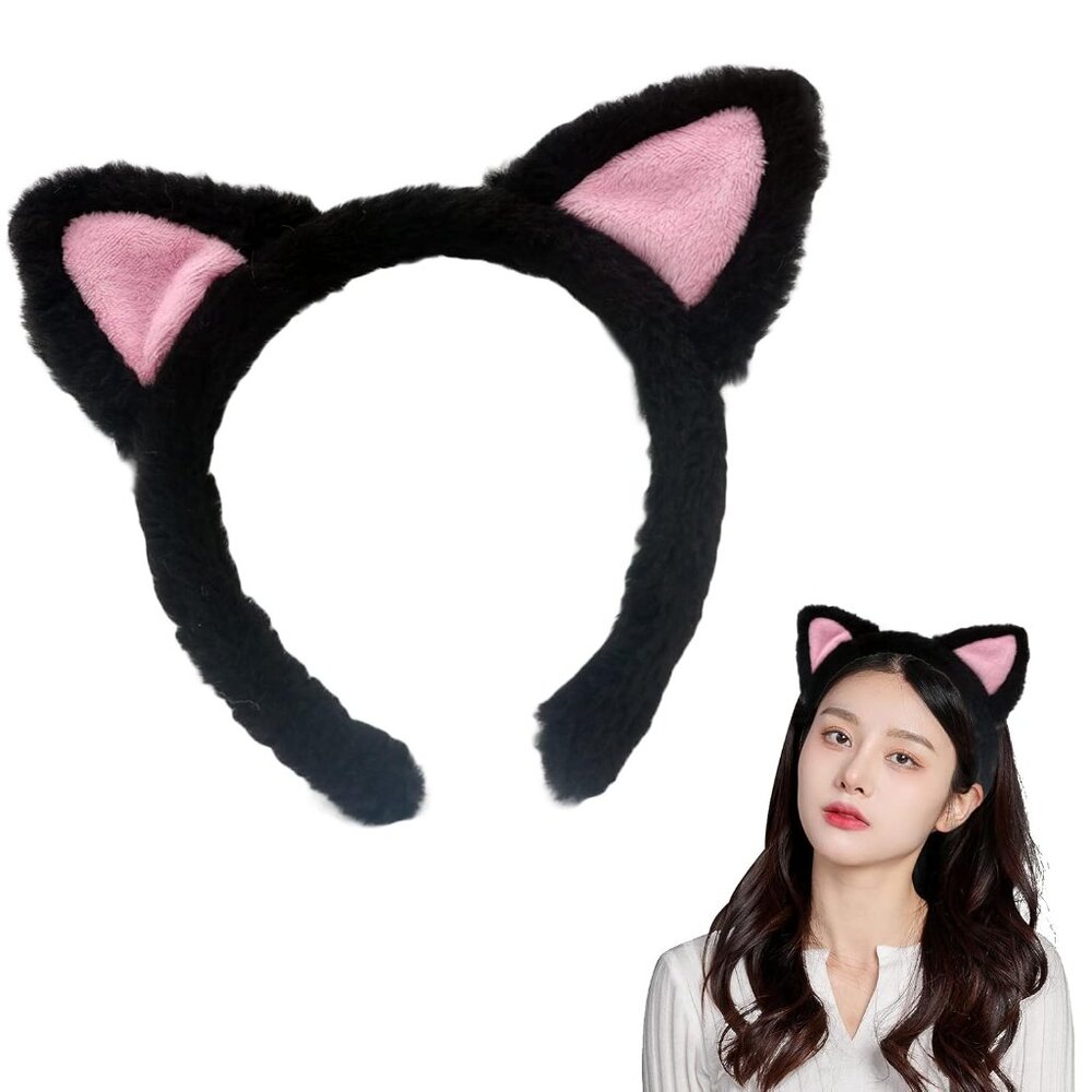 Cat Ear Headbands - Plush Soft Ears for Makeup, Shower, Teen Girls & Women Black